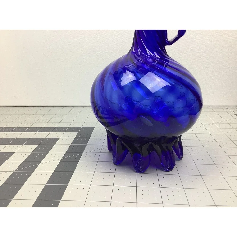 Vintage MCM Empoli Italy Cobalt Blue Art Glass Ewer Optic Swirl Rigaree Base Lg
